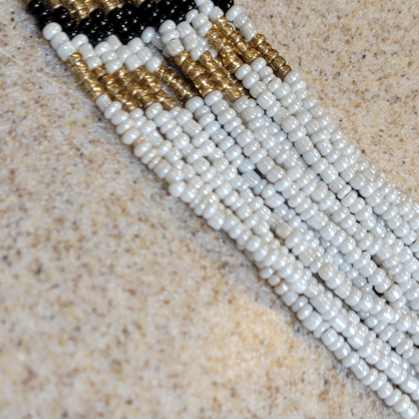 16 Strand Waterfall Necklace Black White Gold Seed Beads Beaded Vintage 22in