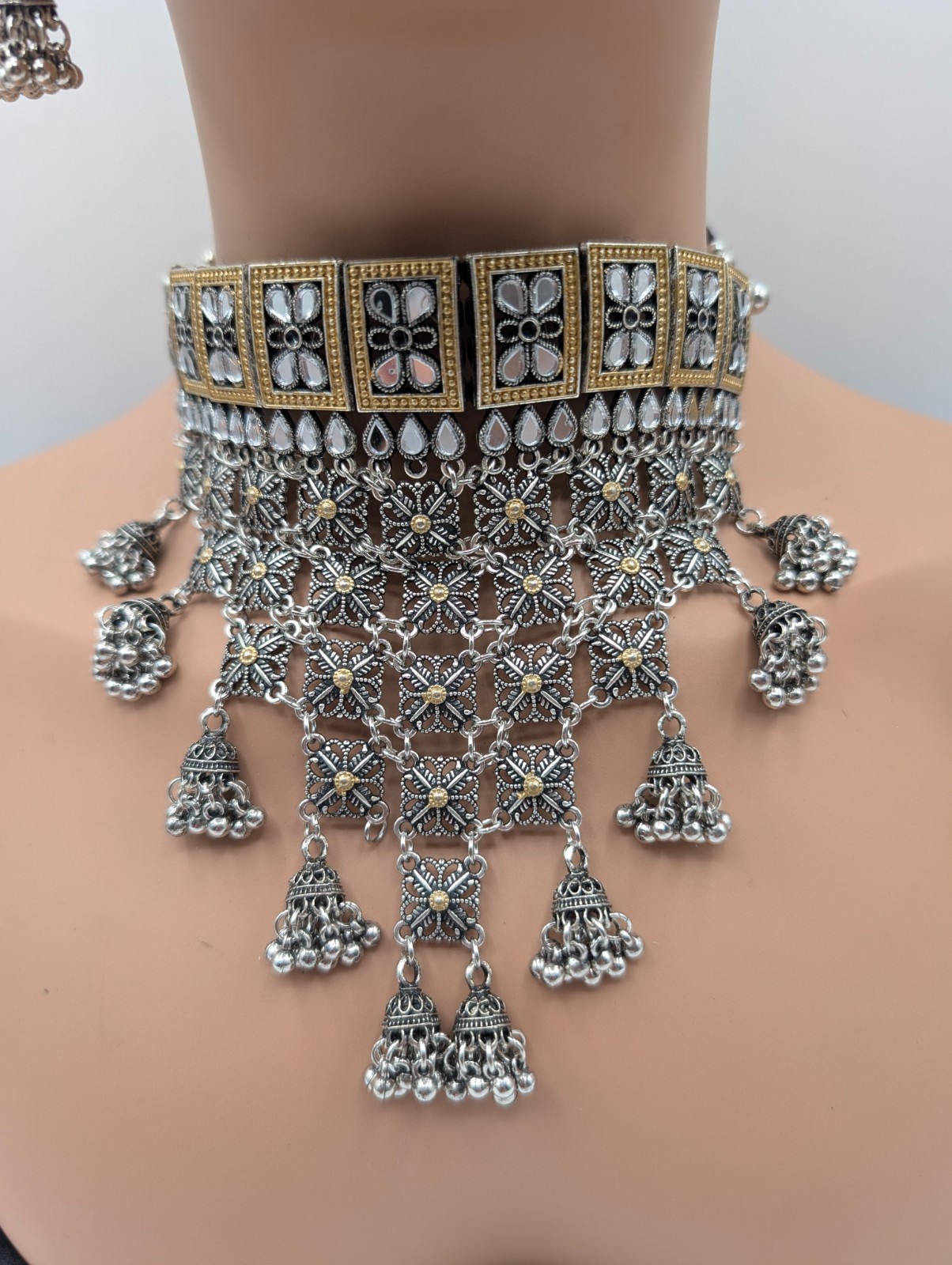 See Noor Dual Tone Fusion Style Necklace Set with Jhumka Bells
