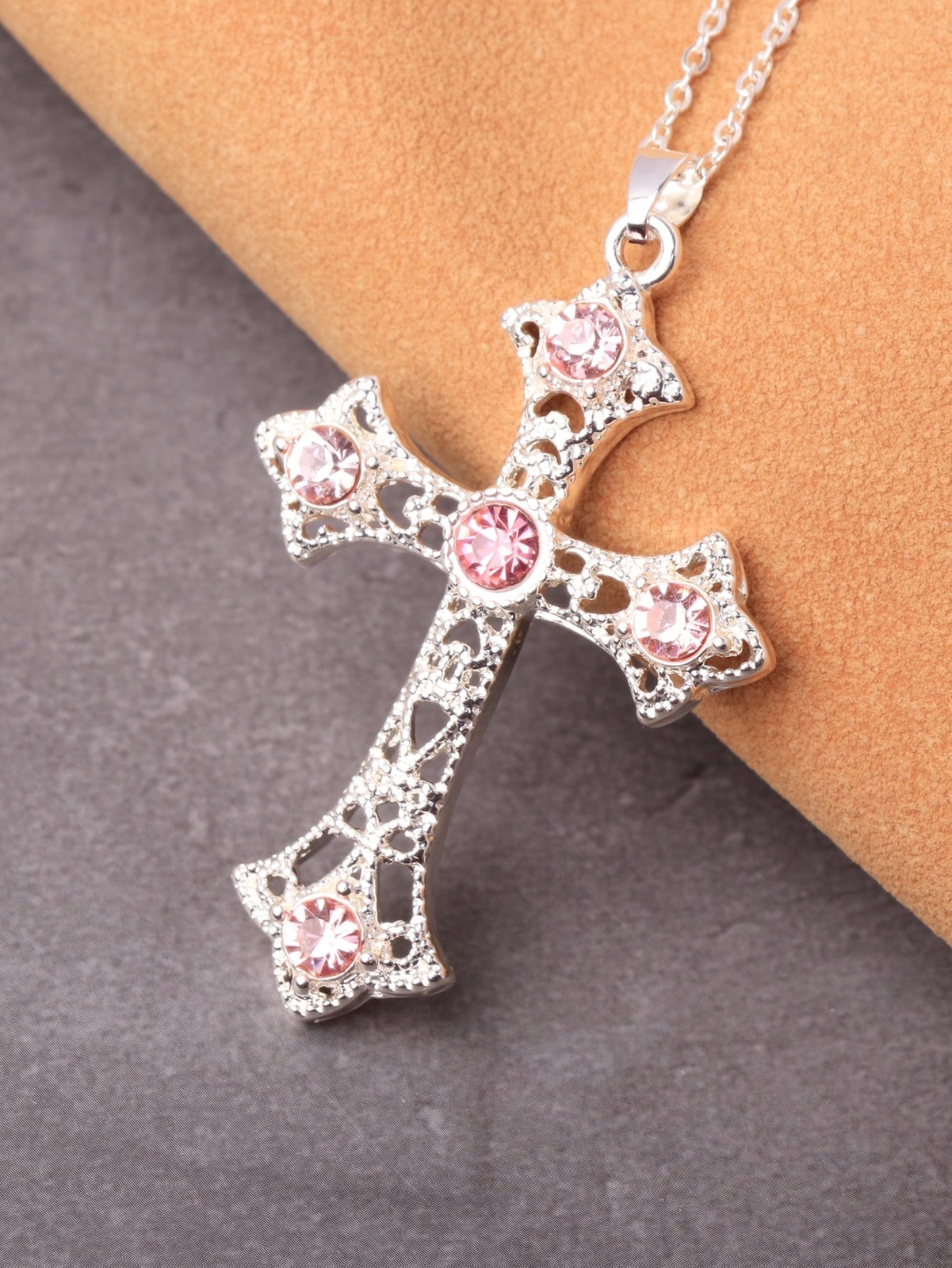 1pc Silver-plated Zinc Alloy Pink Cross Pendant Necklace for Women Jewelry for