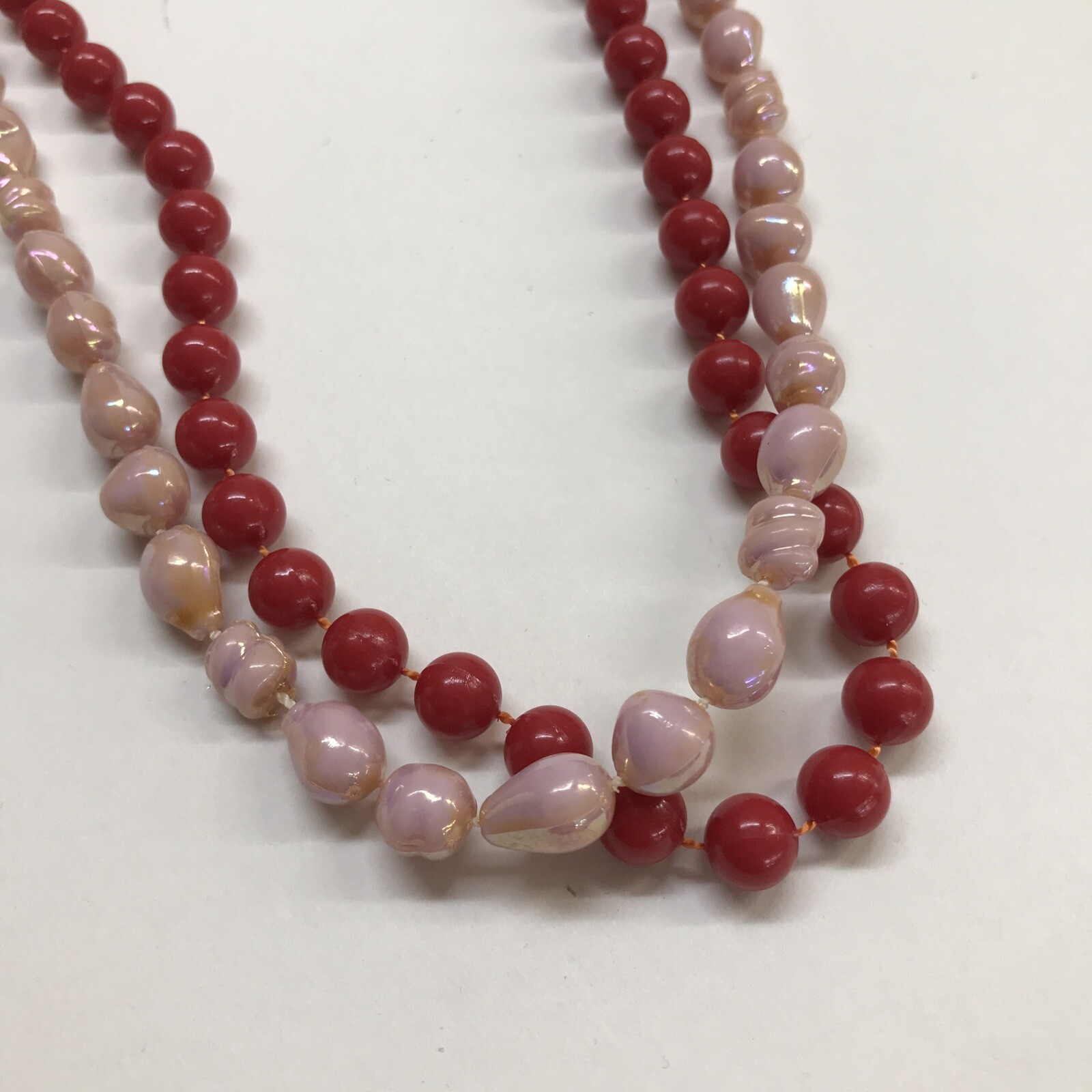 Vintage Set of 2 19″ Strand String Necklace Pink Shell Look and Red