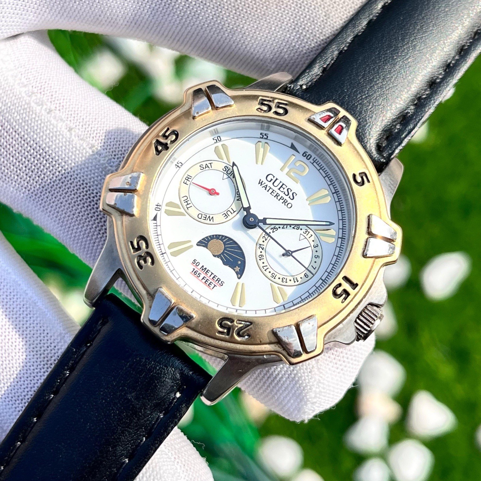 Vintage Guess Waterpro Triple Calendar Sun & Moon 50M/165ft Japan Quartz Watch