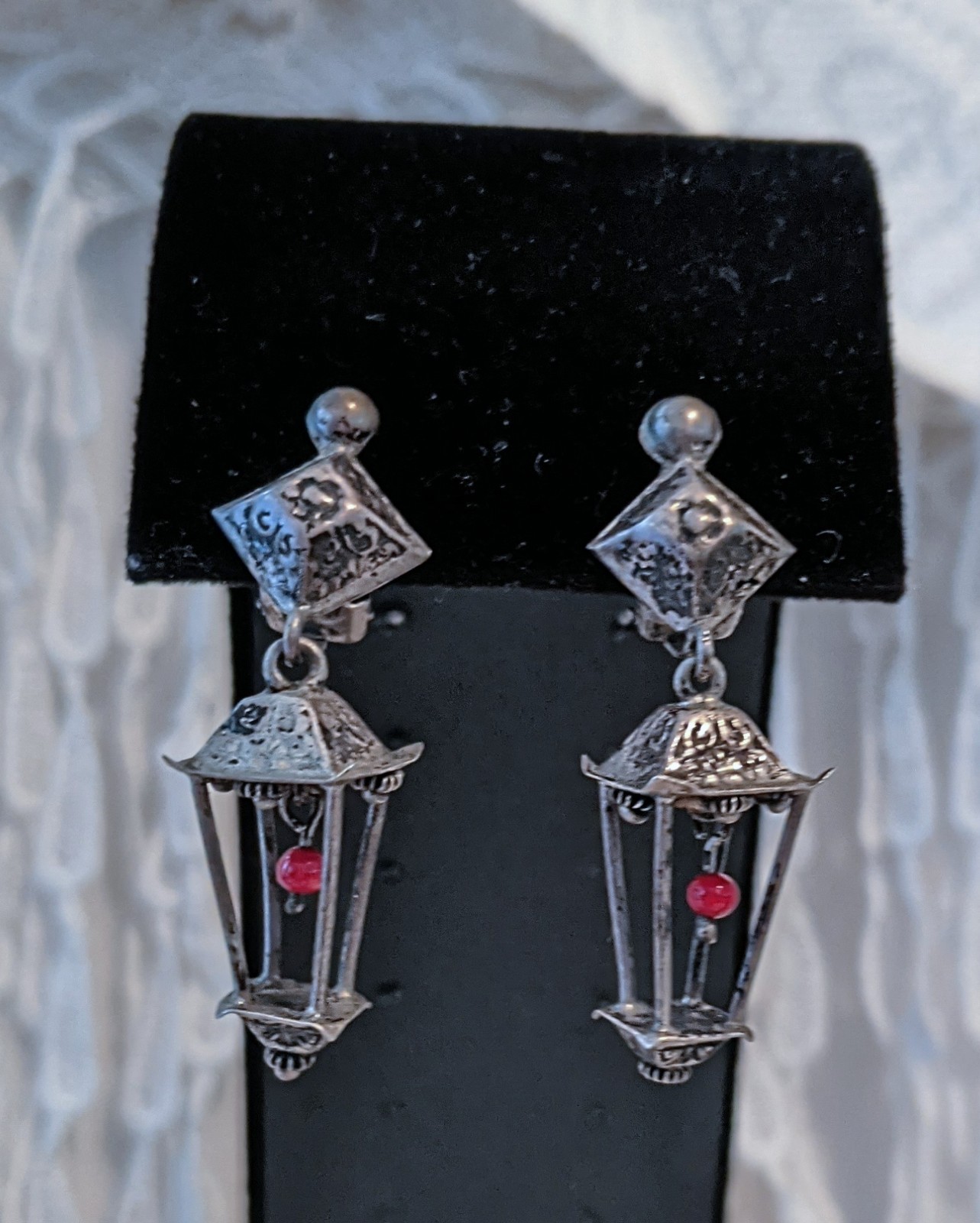 Vintage Artisan 3 D Lantern Dangle Earrings Clip-on Acid Tested For Silver