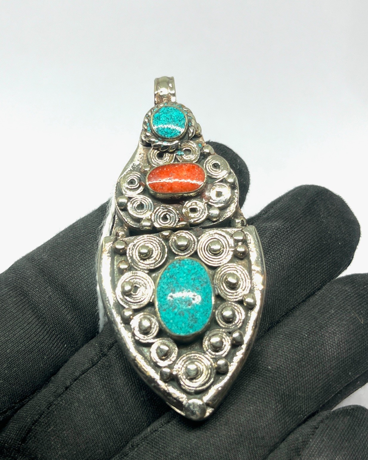 Ethnic Turquoise Coral Gemstone Tibetan Traditional Pendant Jewelry, 2.5 inc