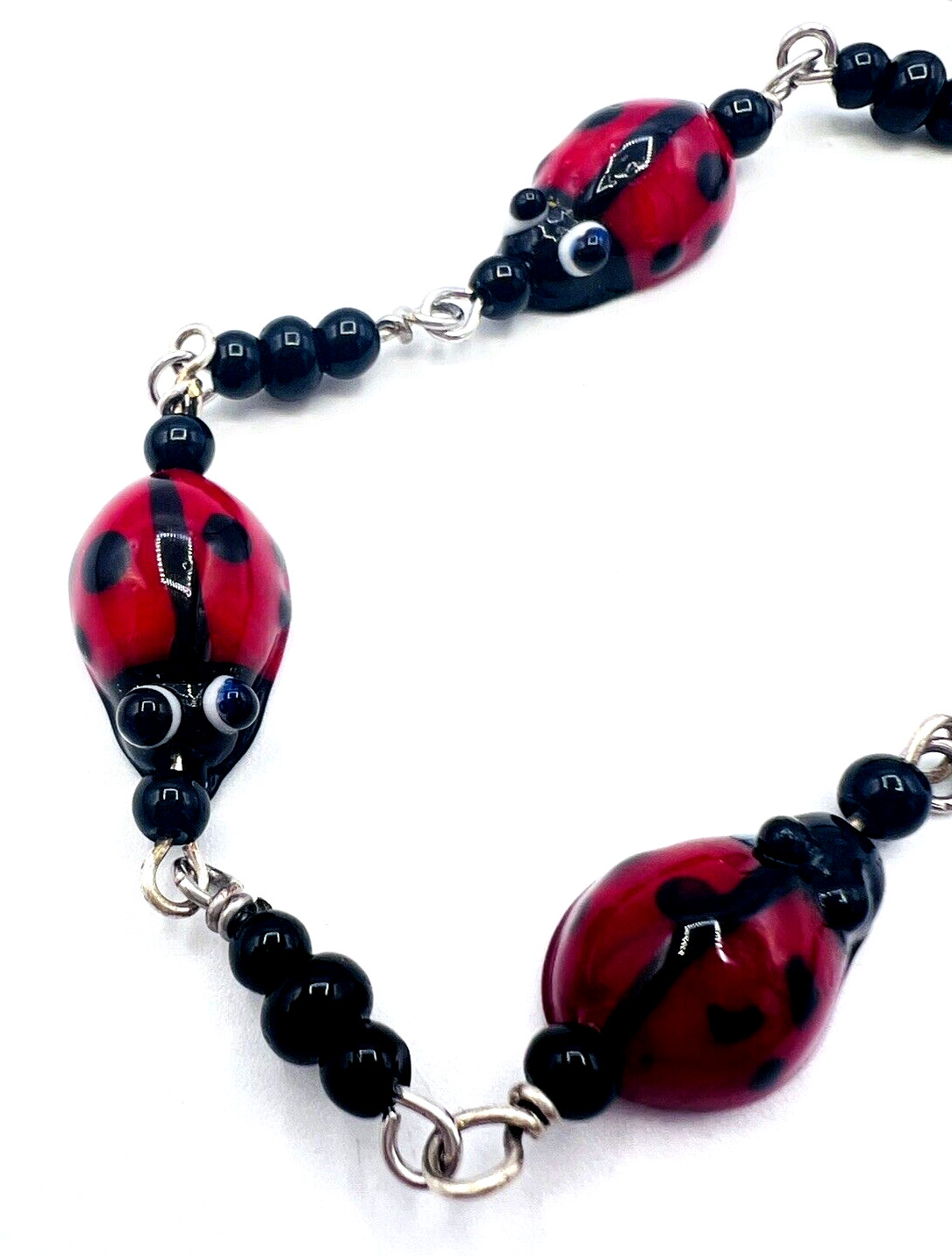 Glass Bead Red Black Ladybug Bracelet Heart Toggle Clasp 8.25 in