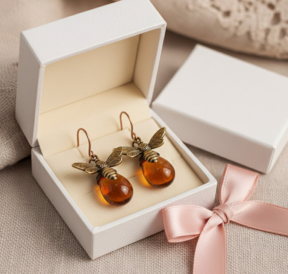 Vintage Bee Earrings Women Gold Amber Drop Dangle Boho Antique Style Gift