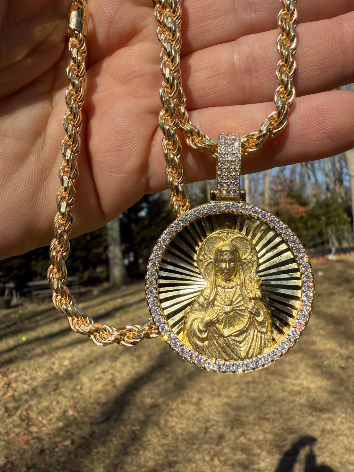 MOISSANITE Virgin Mary Round Medallion Pendant Real 925 Silver / Gold Necklace