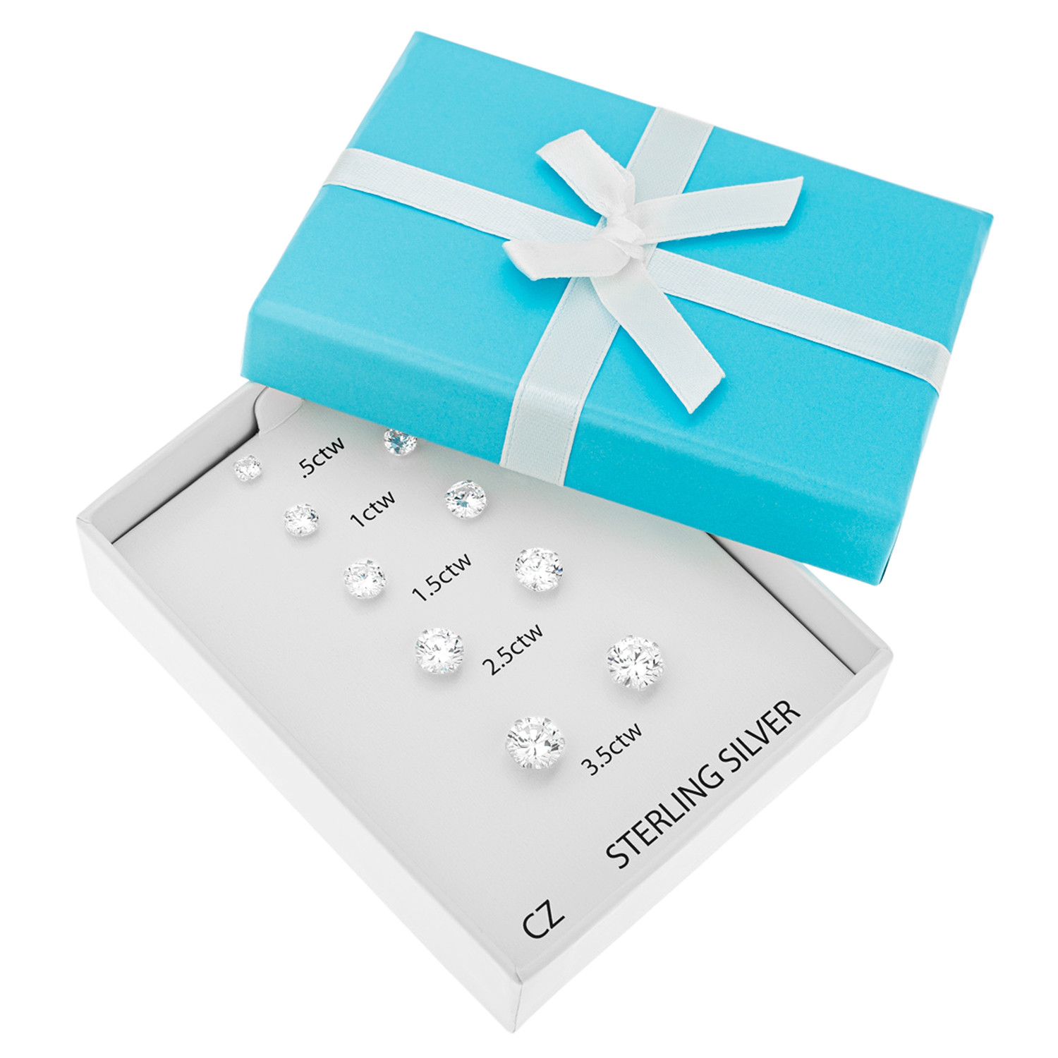 5 Pairs Stud Earrings Sterling Silver White Cubic Zircon different Size carat