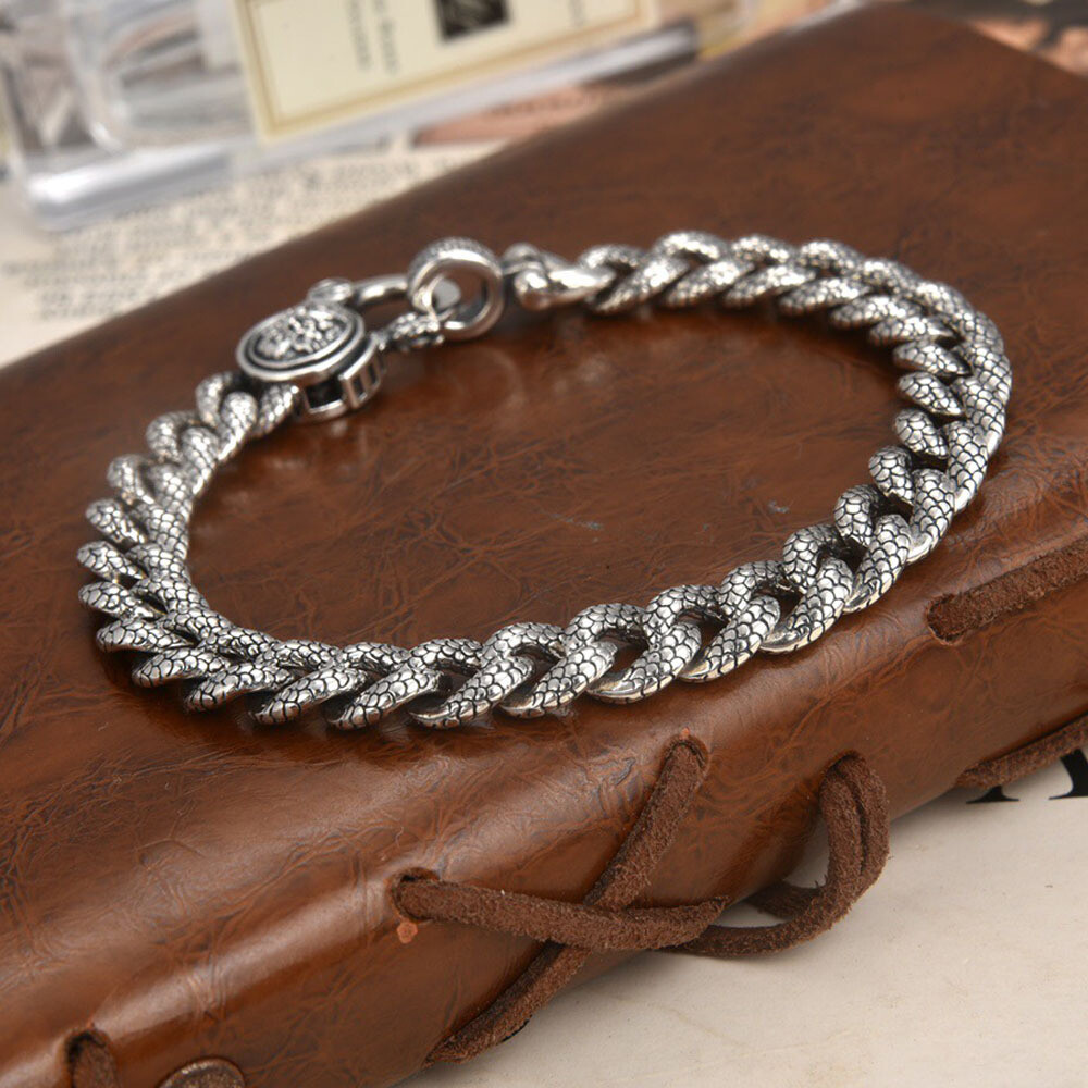 Real 925 Sterling Silver Bracelet 9mm Dragon Scale Cuban Curb Link 7.1-7.87inch