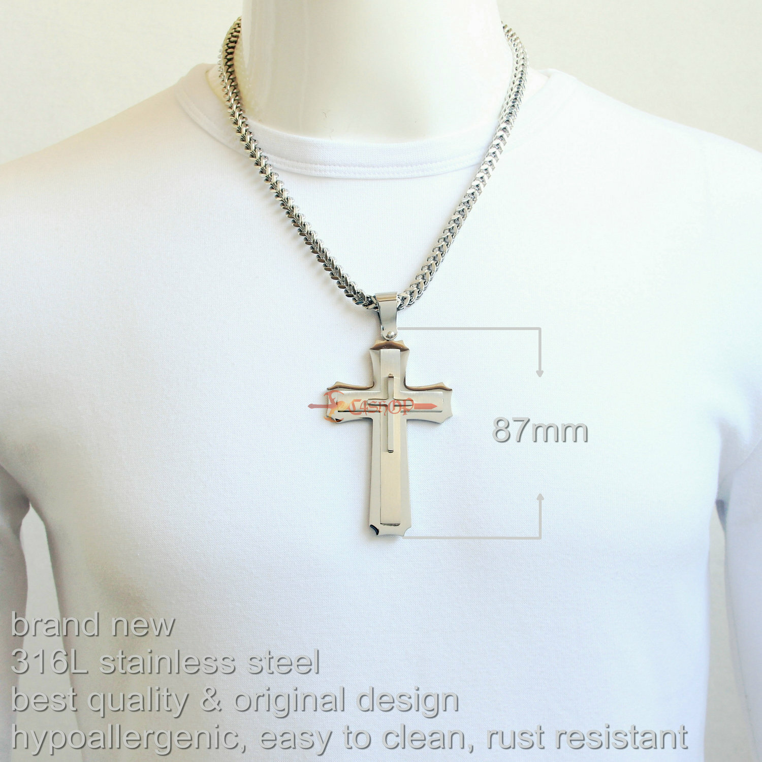 Heavy & Big Mens 3 Layer Stainless Steel Christian Cross Pendant Necklace Silver