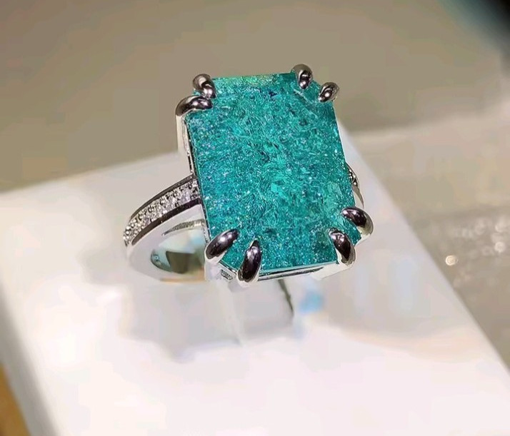 Blue Green Rectangle Moissanite Style Ring Adjustable Statement Party Gift
