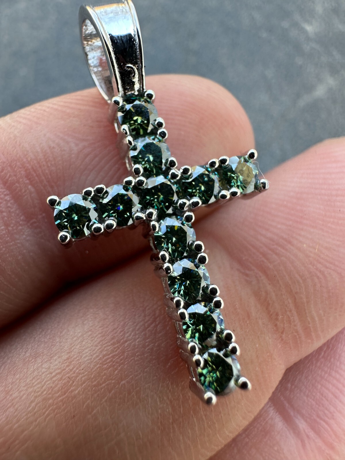Green Blue MOISSANITE Real 925 Silver Tennis Cross Iced Pendant Necklace Hip Hop