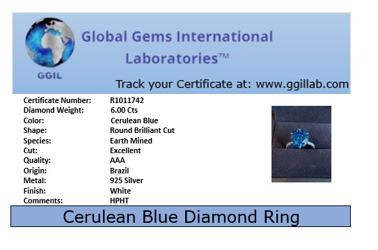 Amazing 6.00 Ct Cerulean Blue Diamond Solitaire Ring, Great Sparkle. FREE Studs