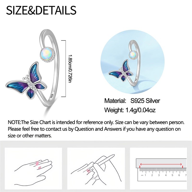 PANDACH Butterfly Rings For Women , Sterling Silver Band Adjustable Rings Gifts