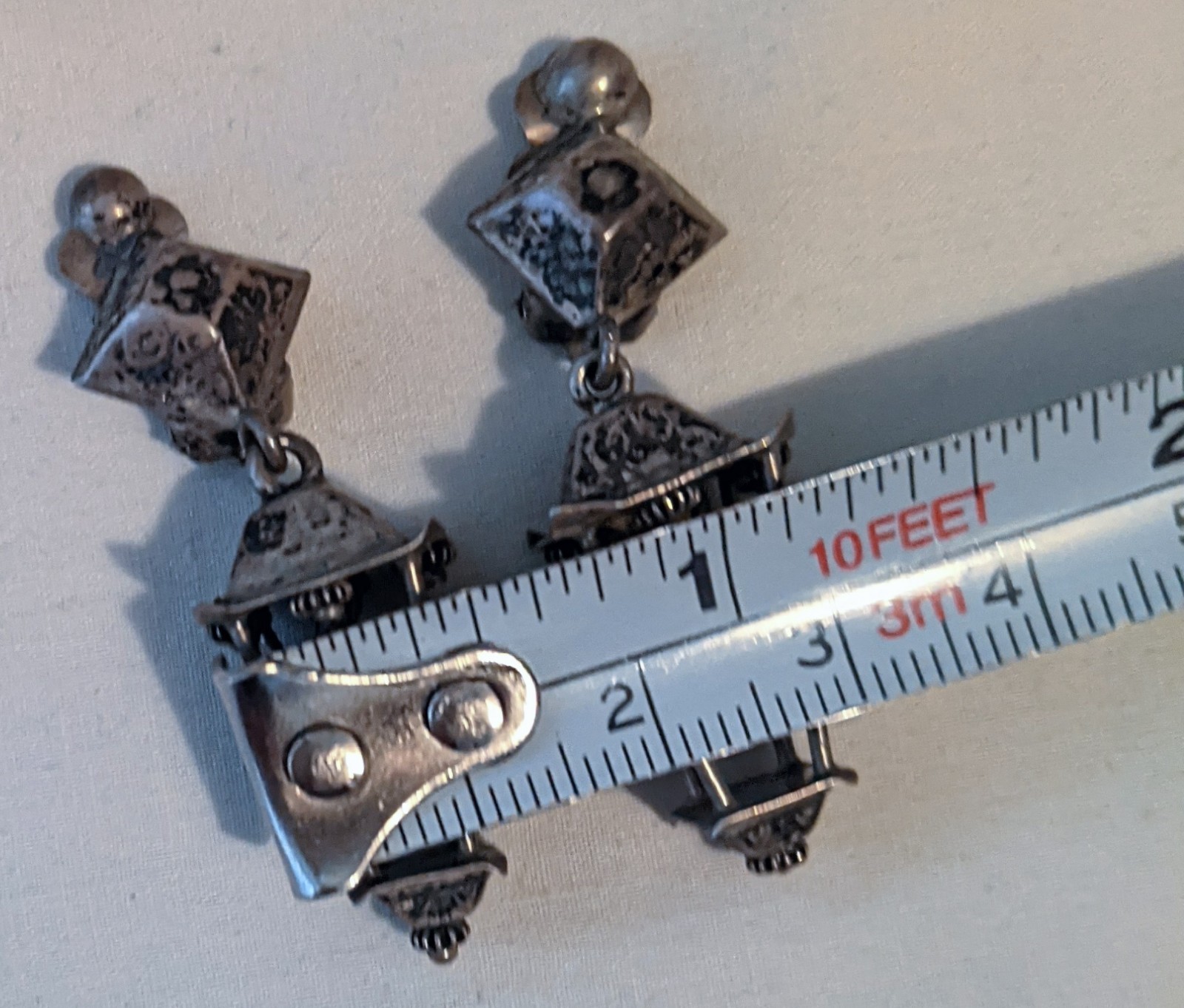 Vintage Artisan 3 D Lantern Dangle Earrings Clip-on Acid Tested For Silver
