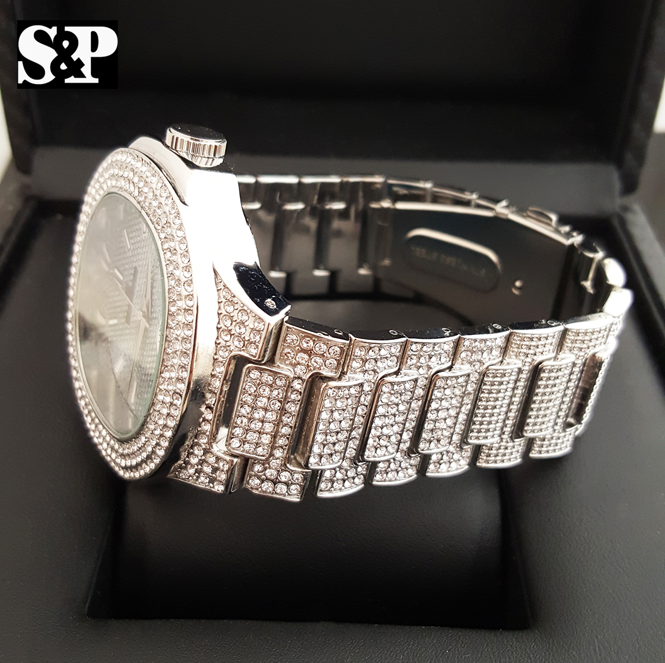 Men’s Luxury Urban Style Bling White Gold PT Simulated Diamond Bracelet Watch
