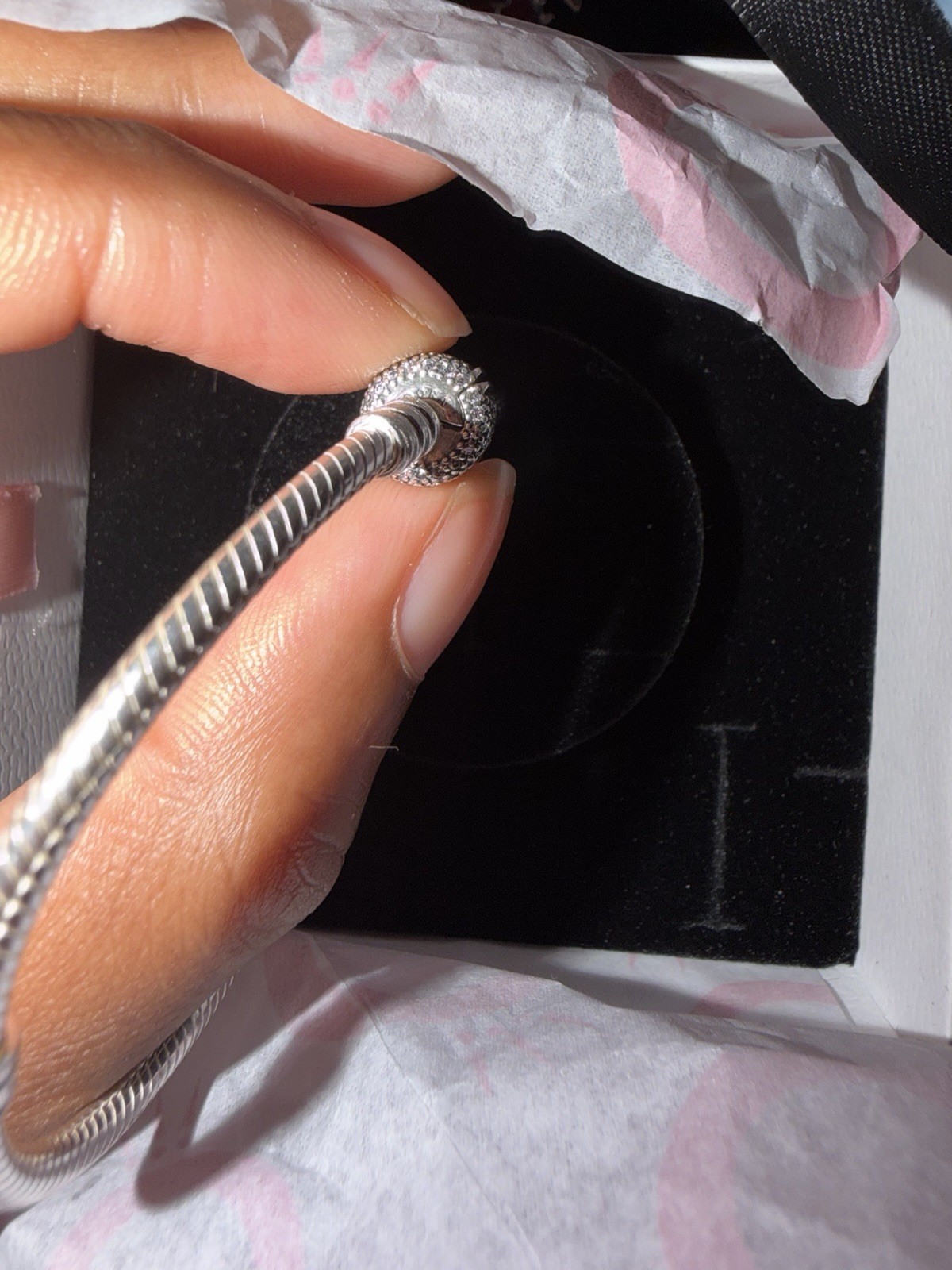 PANDORA Silver Snake Chain Charm Bracelet Pavé Barrel Clasp CZ Stones