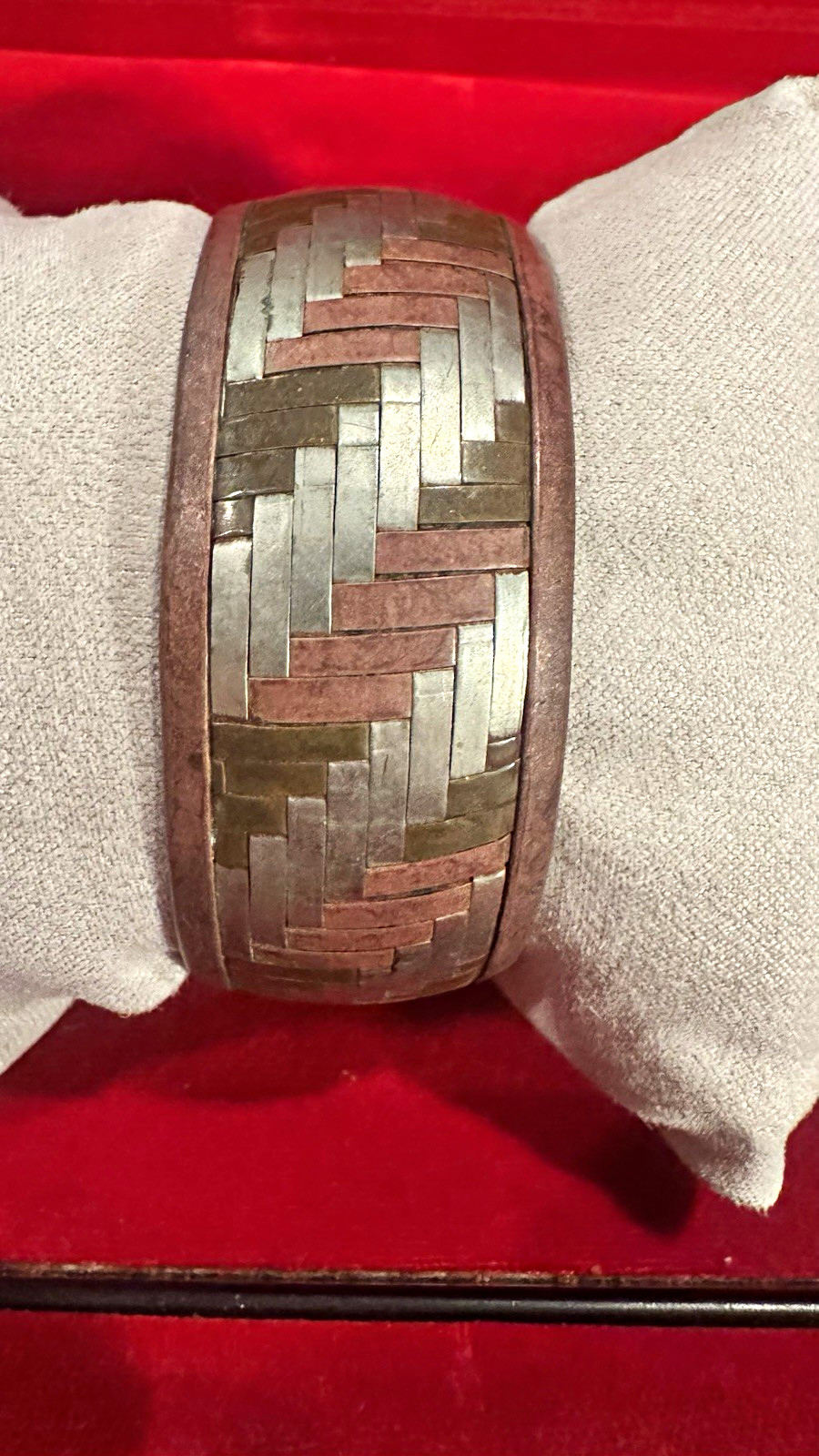 Two-Tone Copper & Silver Metal Woven Pattern Wide Cuff Bracelet No Stone