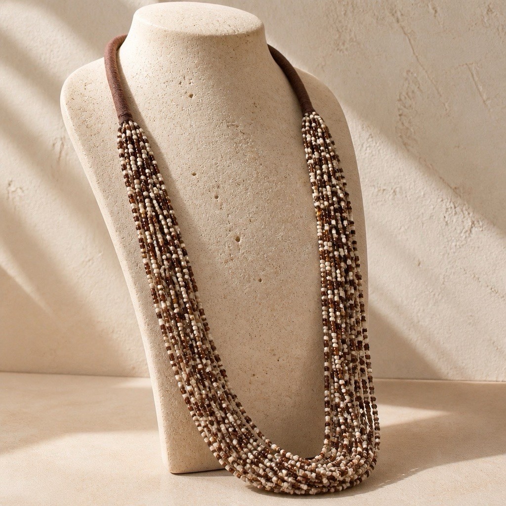 Brown White Multi-Strand Beaded Necklace, Round Glass Beads, Bohemian