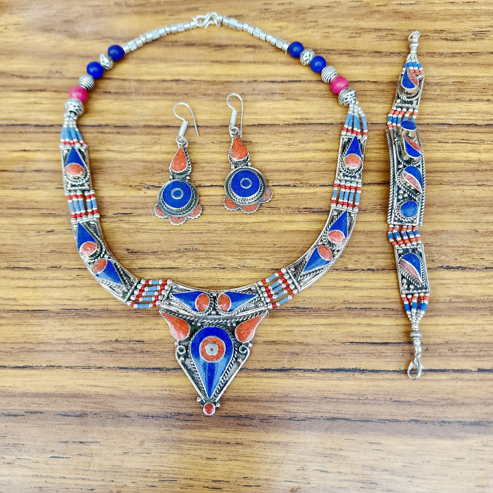 Nepali Statement Women Necklace Earring Set Lapis Turquoise Tibetan Jewelry