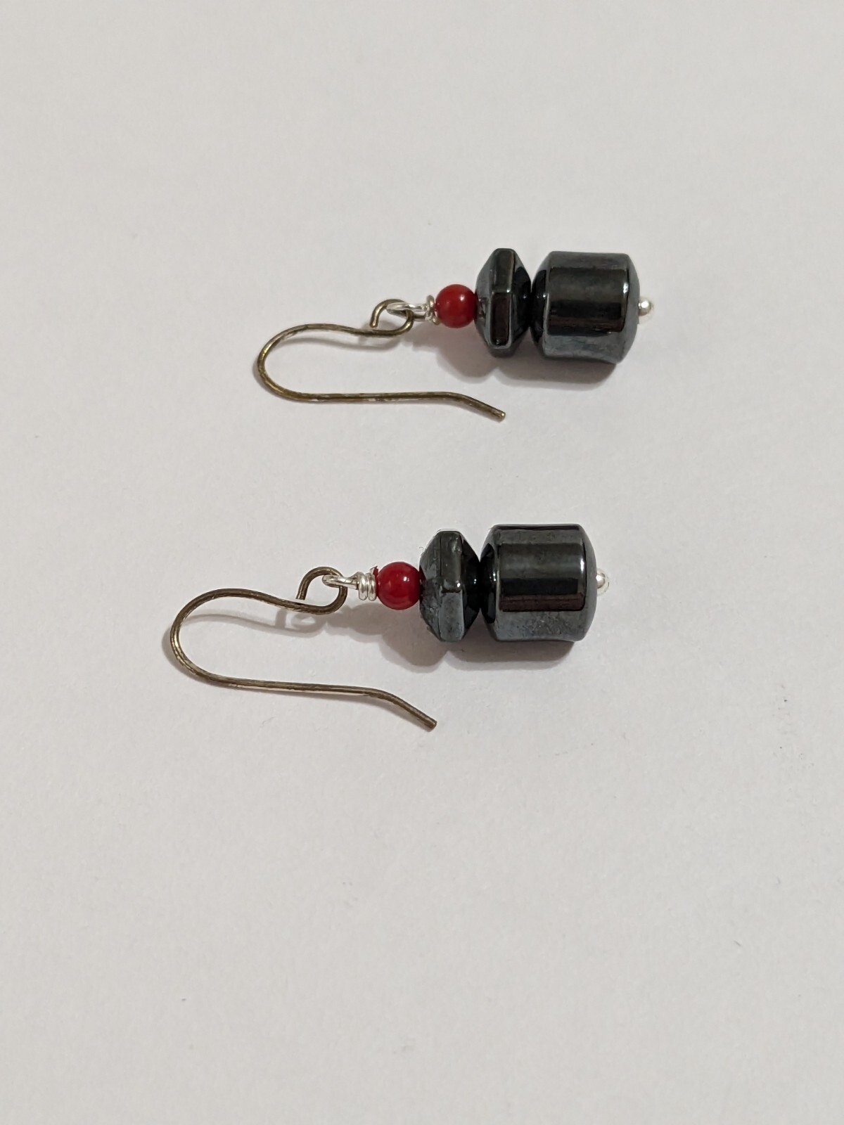 Silver Tone Hook Earrings With Black Hematite And Red Acrylic Beads. Modern. 1″