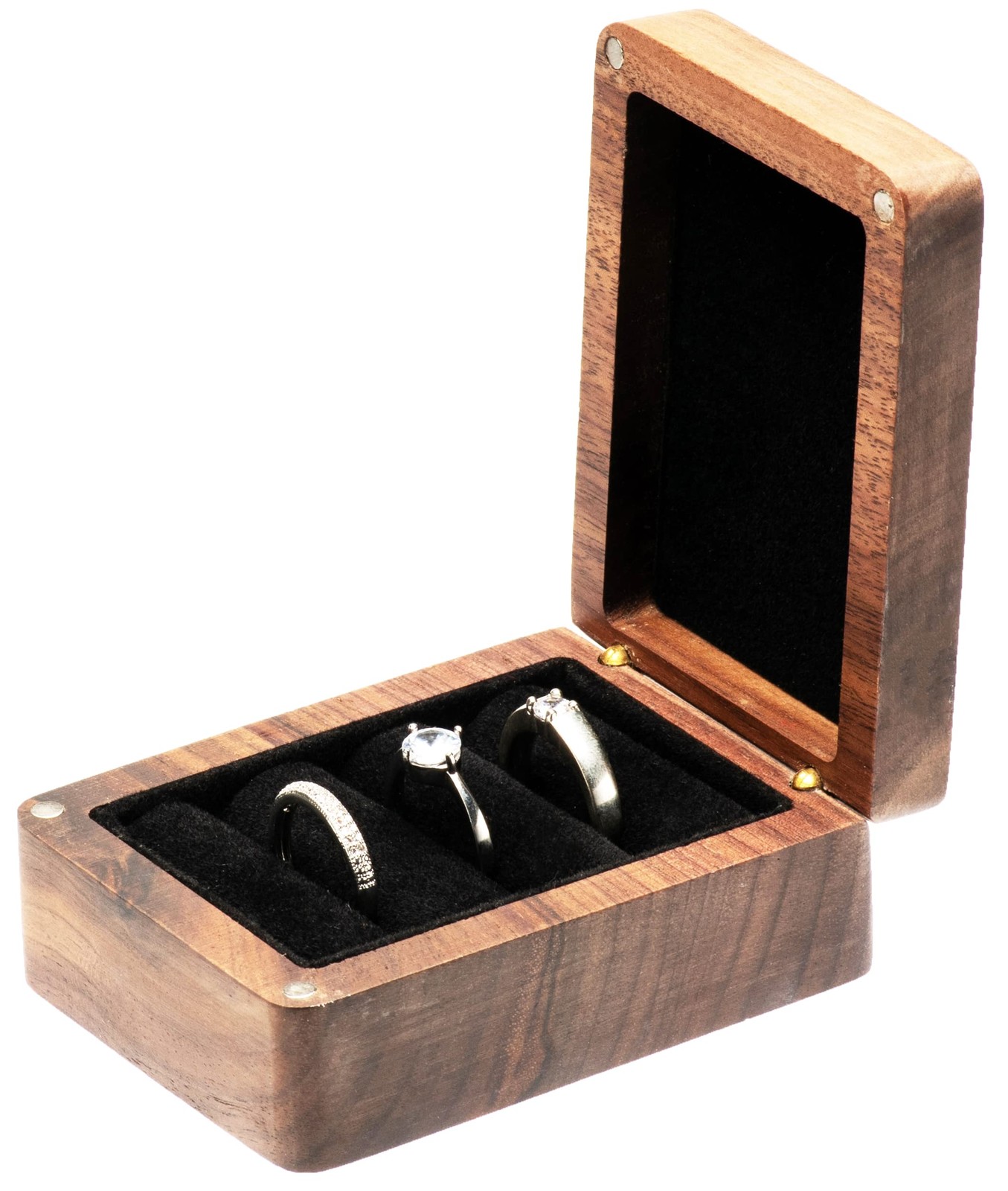 COSISO Walnut Wooden Ring Box 3 Slots for Wedding Ceremony Black Inner