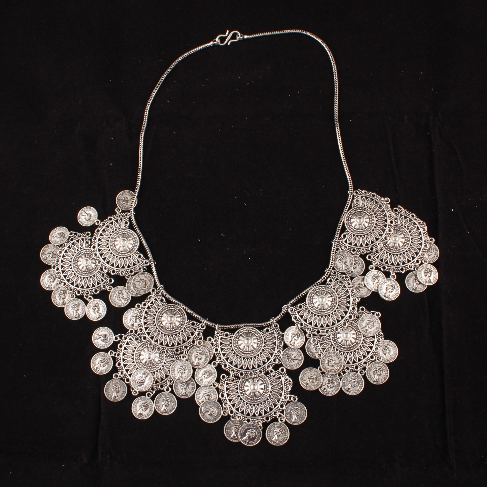 Boho Tribal Coin Statement Necklace, Oxidized Silver Bib Necklace
