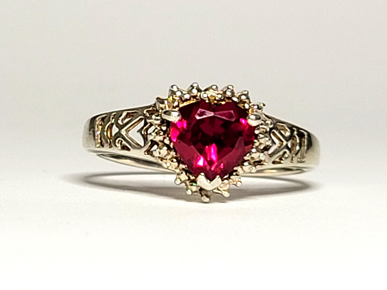 Sterling Silver (.925) Lab Created Ruby Heart & Diamond Accent Ring, Size 7, JJT