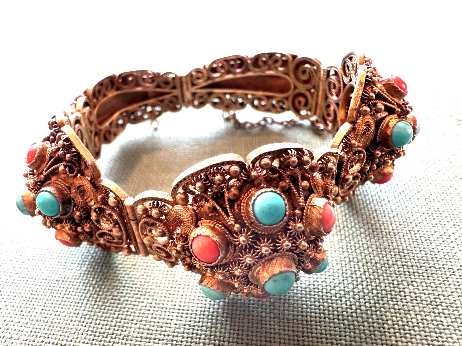 Intricate Gold Wash Silver, Turquoise & Coral Bracelet, ASIA, China, VINTAGE