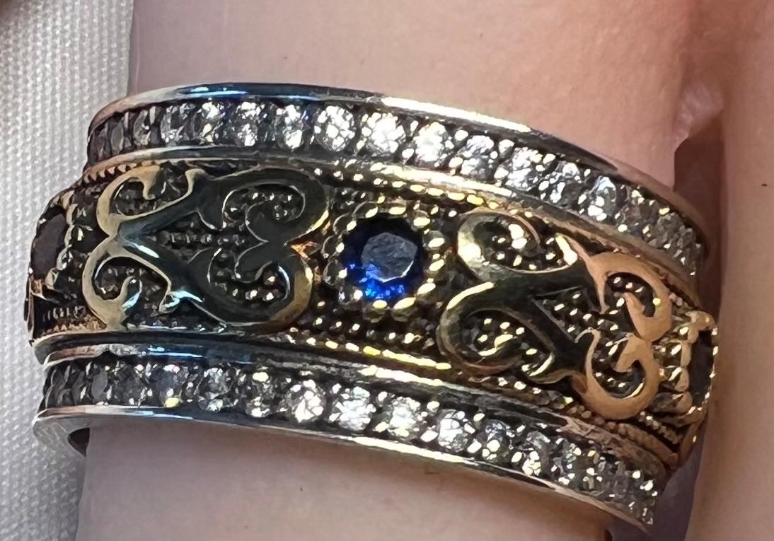 REAL Diamond Blue Sapphire BAND SOLID 14K Y Gold 925 Ring SZ 10 1/4 Etruscan Rev