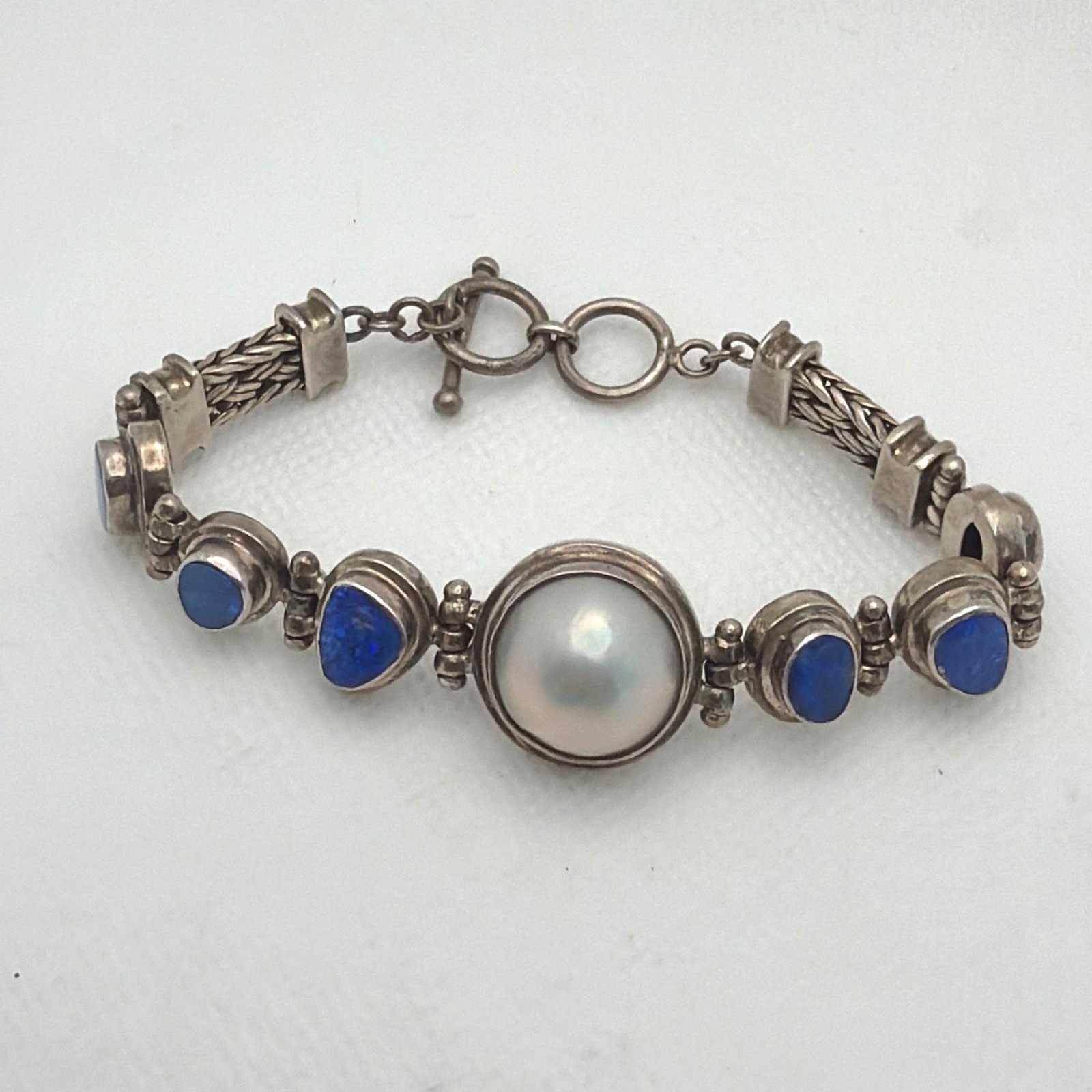 Women 8in 925Silver Excellent Mabe Pearl Blue Opal Bracelet