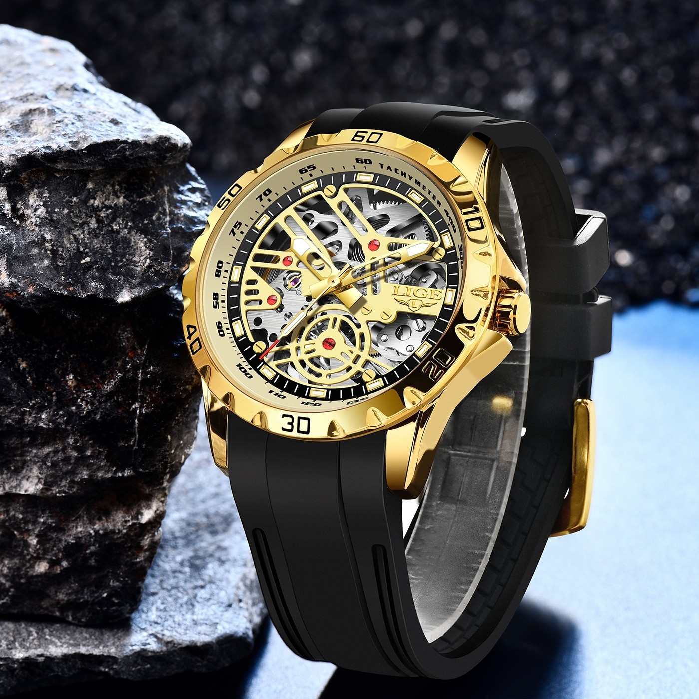 LIGE Men Watch Automatic Mechanical Moon phases Date Week Dial Casual Wristwatch