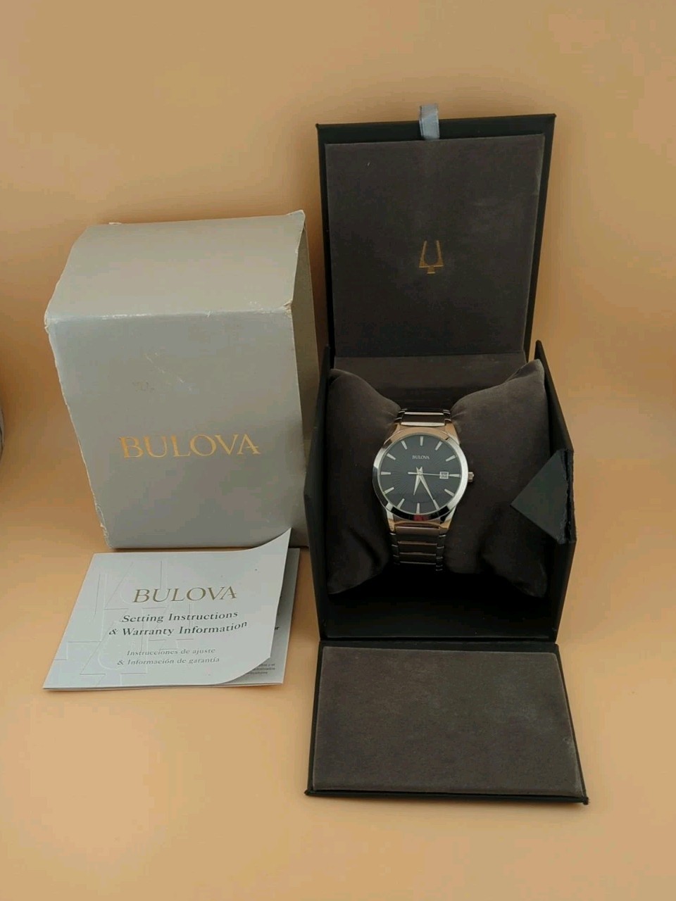 Bulova 96B149 Mens Stainless Steel Watch Black Dial Original Packaging & Parts
