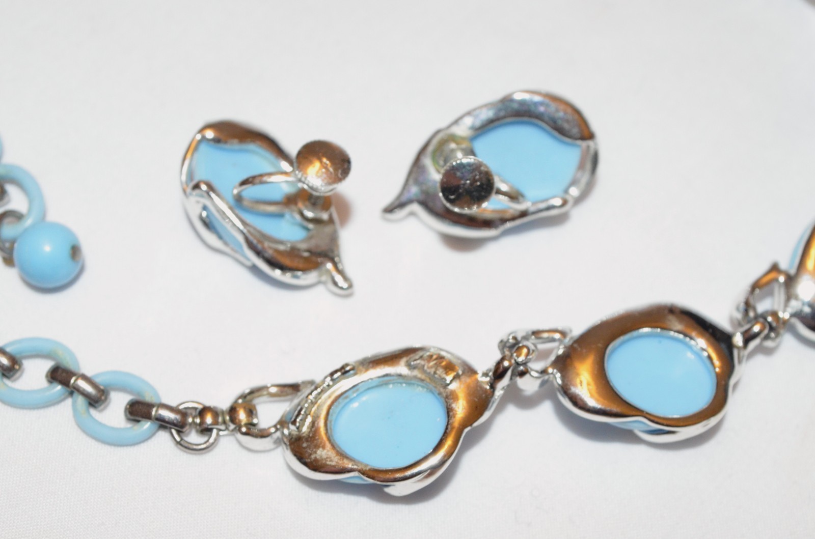 Vintage Coro Deco Blue Lucite Thermoset Plastic Chain Necklace Earring Set Lot
