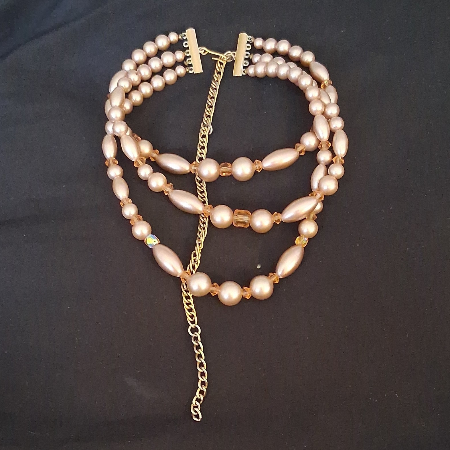 Multi-Strand Beaded Necklace Champagne Imitation Pearl Crystal Gold Curb Chain