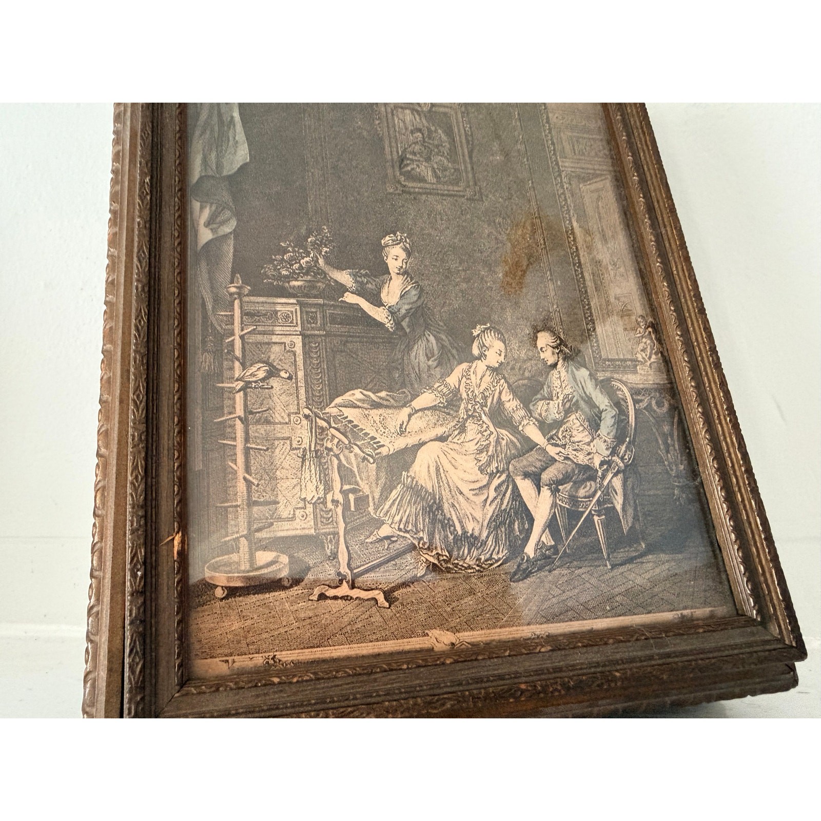 Antique Wood Jewelry Box French Salon Engraving Lid Mirror Compartments 1920s