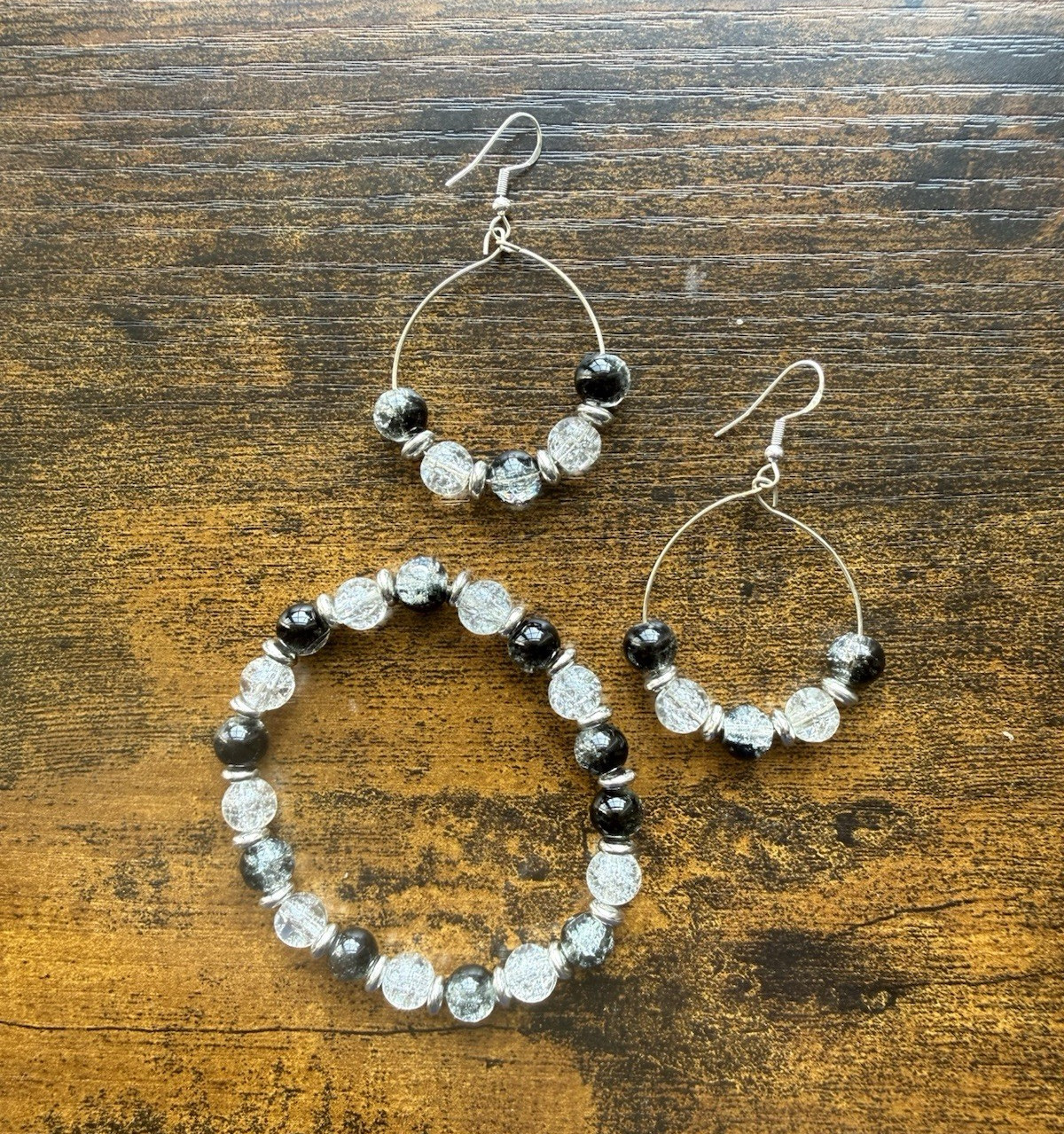 Silver Tone Black & Clear Beaded Round Hoop Dangle Earrings, Hook Closure