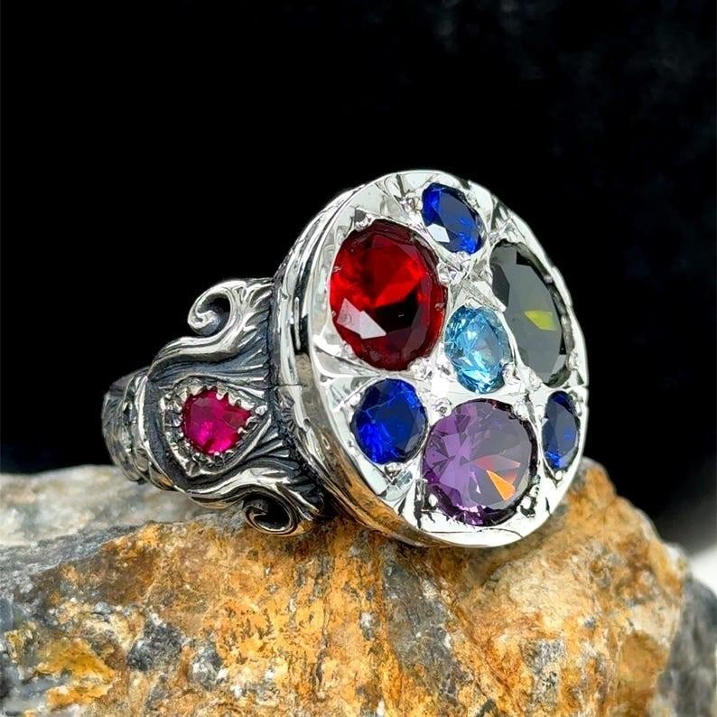 925 Silver Artisan Crafted Multi Stone Engraved Statement Ring