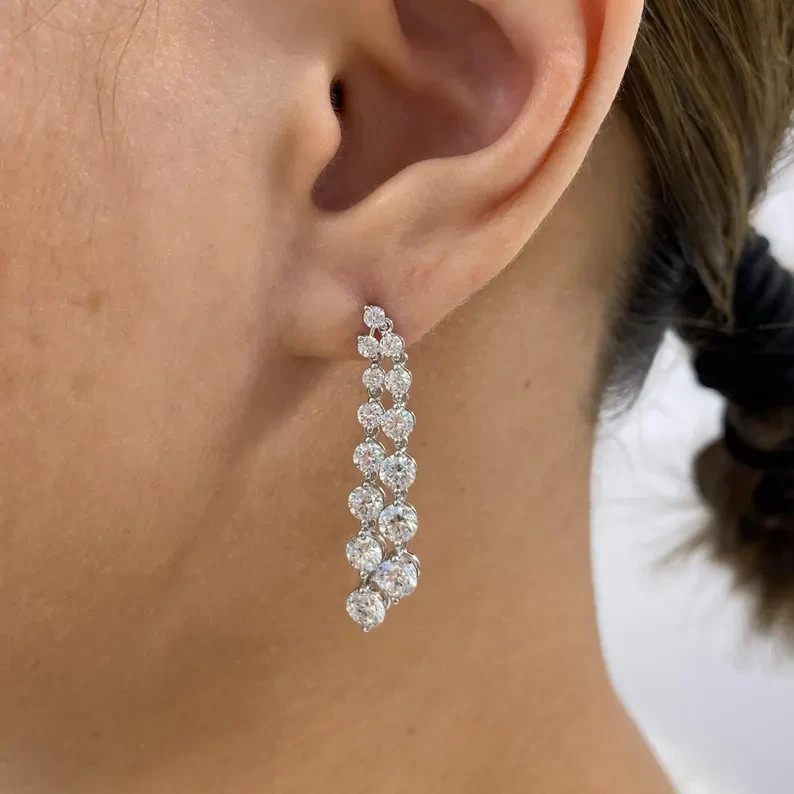 Round Cut Lab Grown Diamond For Engagement Gift Drop Earrings 14k White Gold
