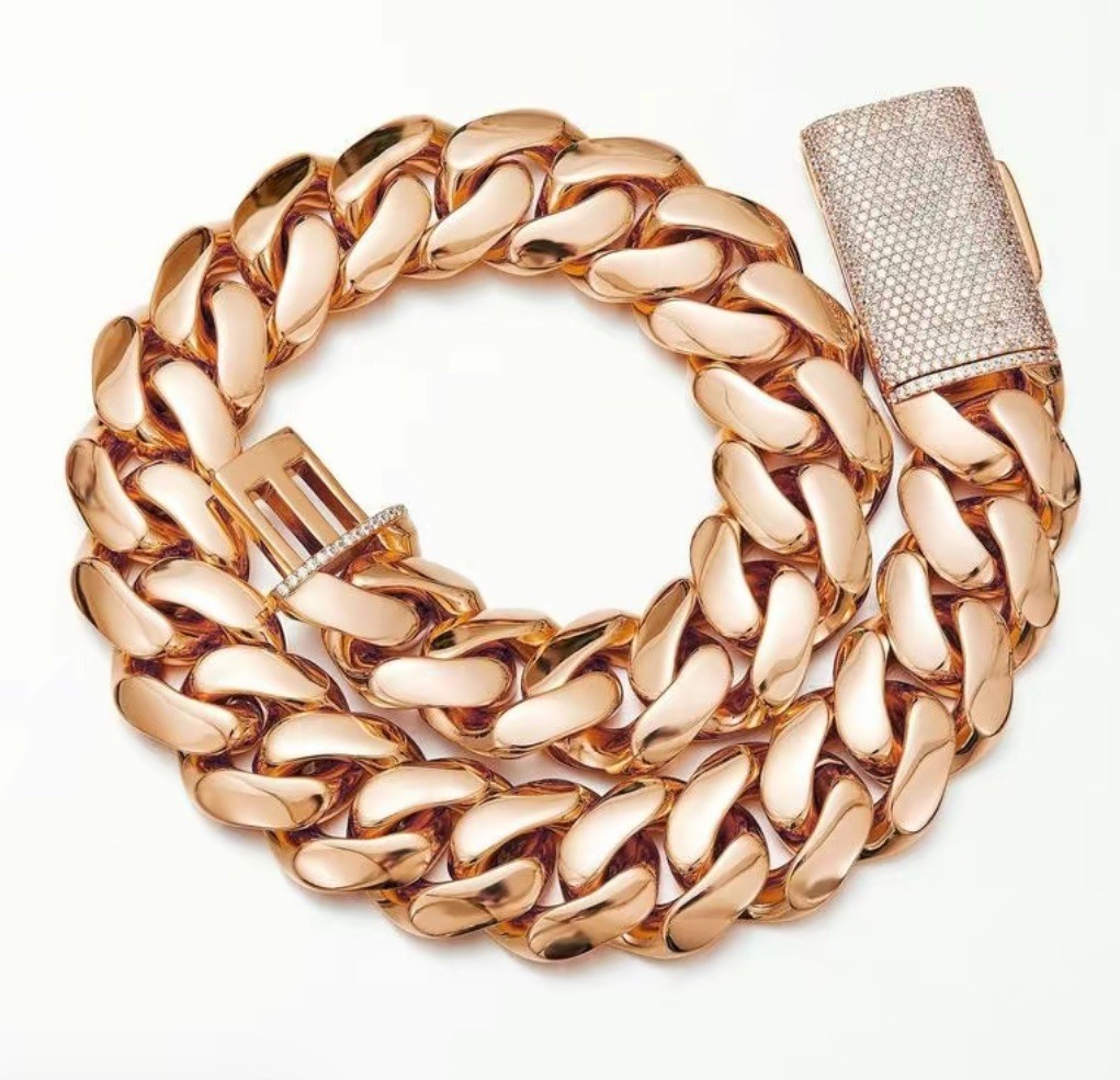 20mm Rose Gold Cuban Link Chain 24in Necklace Miami Hip Hop Jewelry