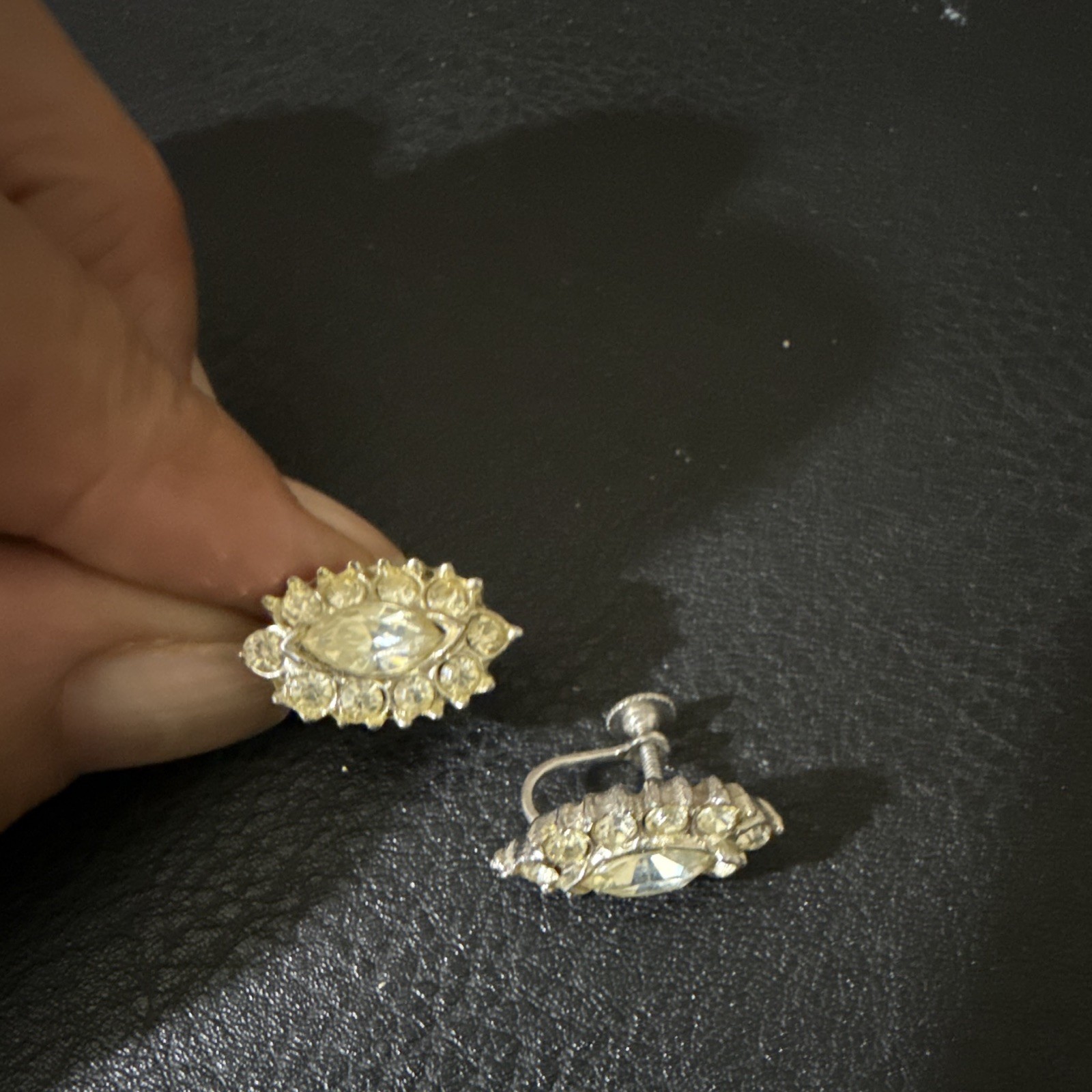 Silver Tone Clear Marquise Rhinestone Stud Earrings Screw Back Prong Set