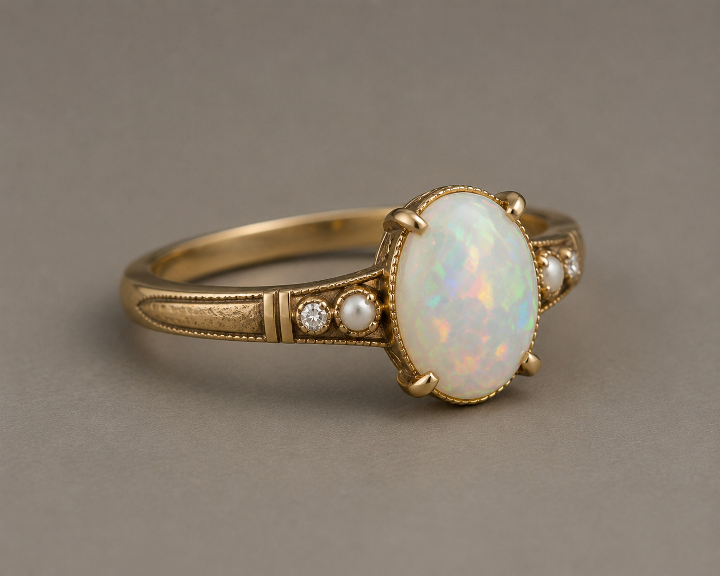 Natural Opal Ring Oval Opal Moissanite & Pearl Side Stone Silver Ring