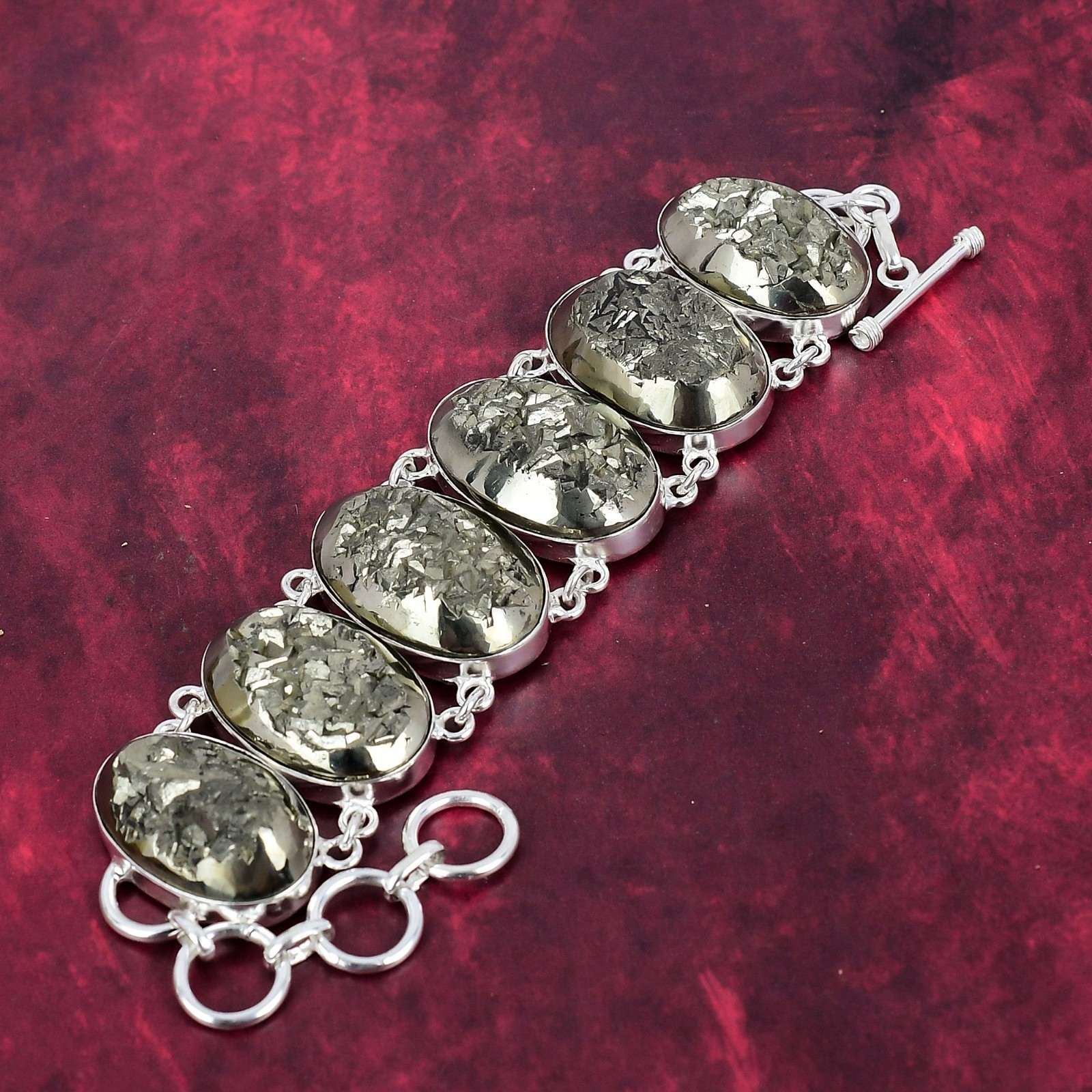 Golden Pyrite Druzy Gemstone Jewelry 925 Sterling Silver Chain Bracelet For Gift