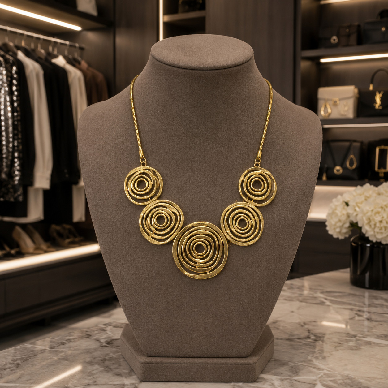 Gold Tone Spiral Circle Statement Necklace Modern Geometric Fashion Jewelry
