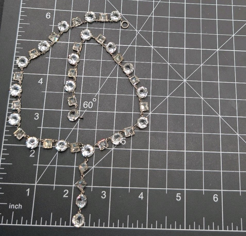 Vintage Y Drop Clear Glass Open & Closed Back Riviere Style Necklace 15″