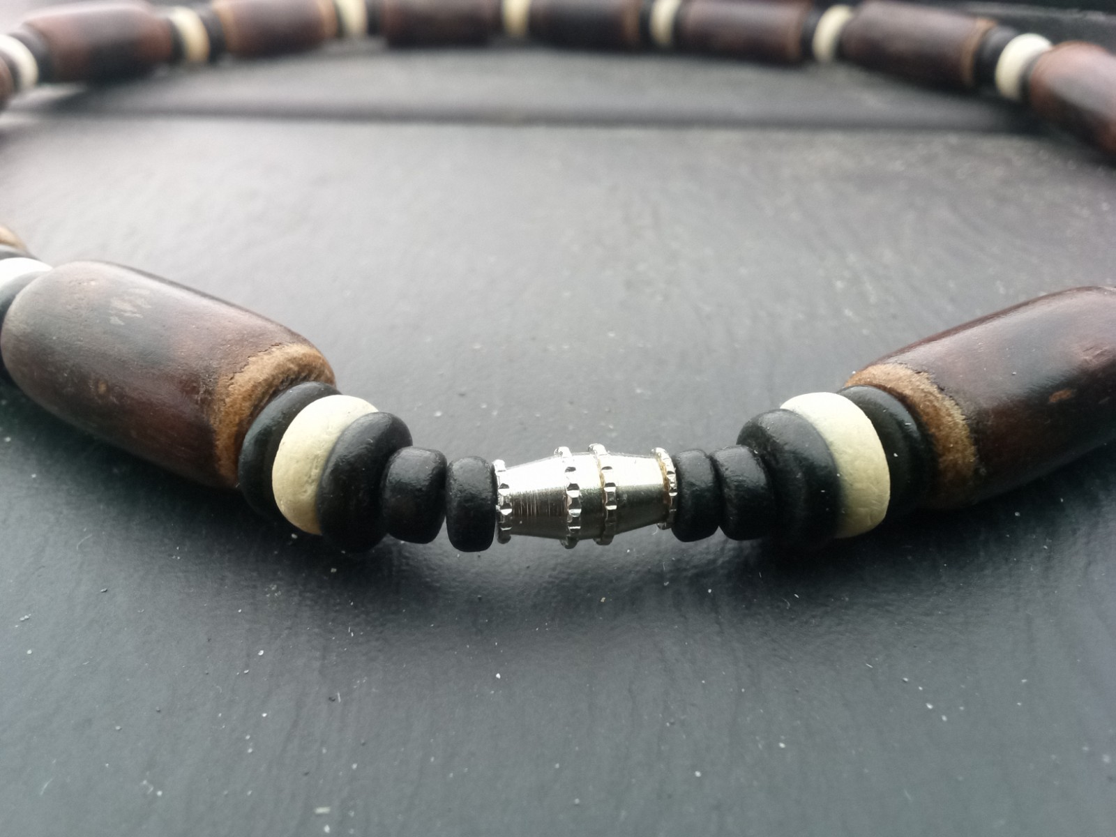 Beaded wood and bone necklace, brown black white, barrel clasp