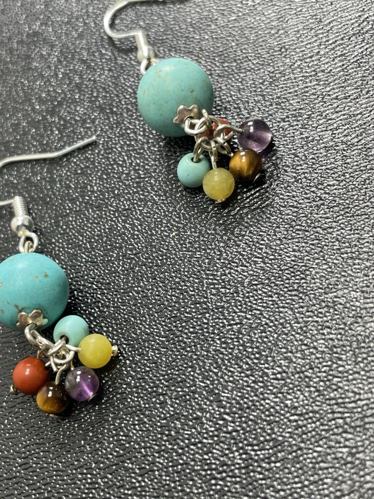Vintage 1.6” Turquoise & Colorful Gemstone Charm Beaded Dangle Earrings
