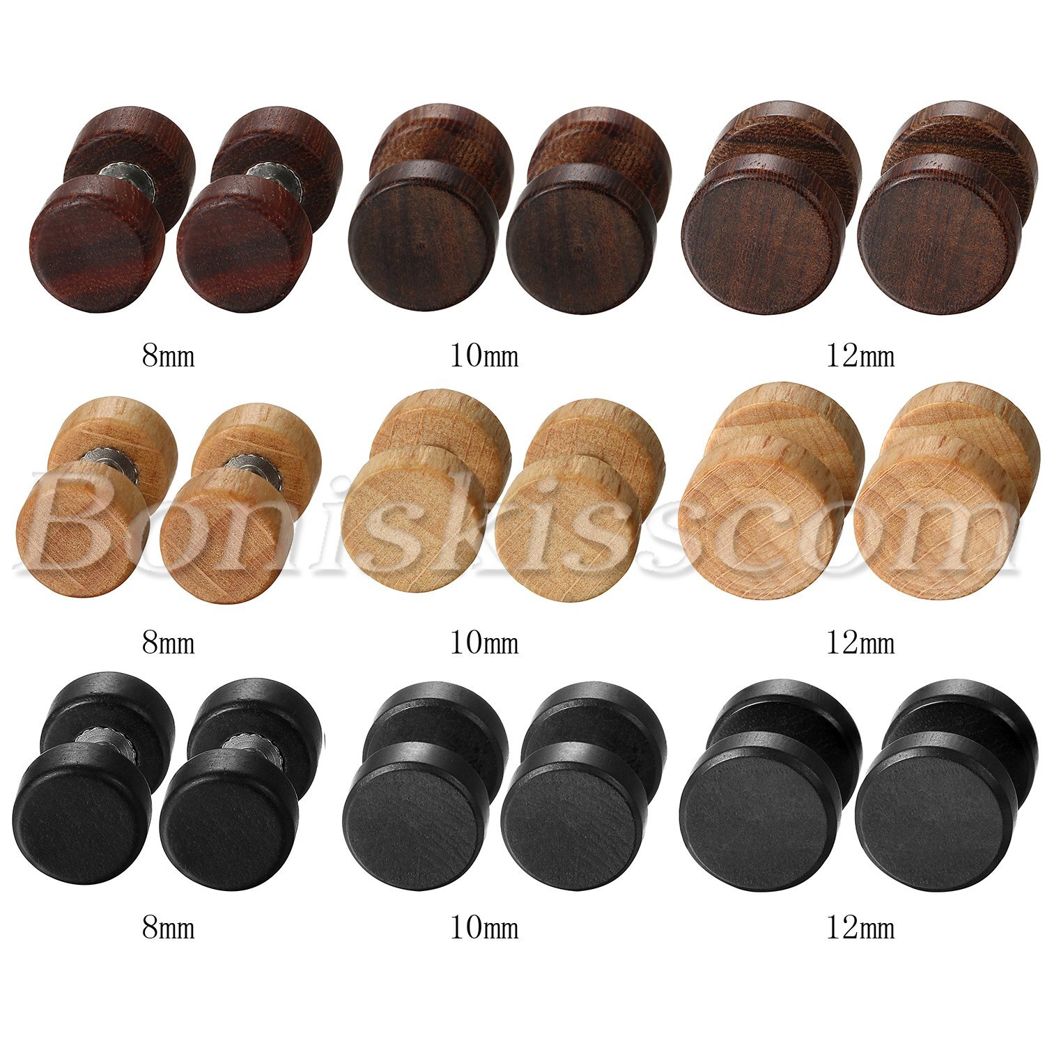 2pcs Men Women Wood Stainless Steel Round Studs Screw Earrings Pierced Ear Plugs