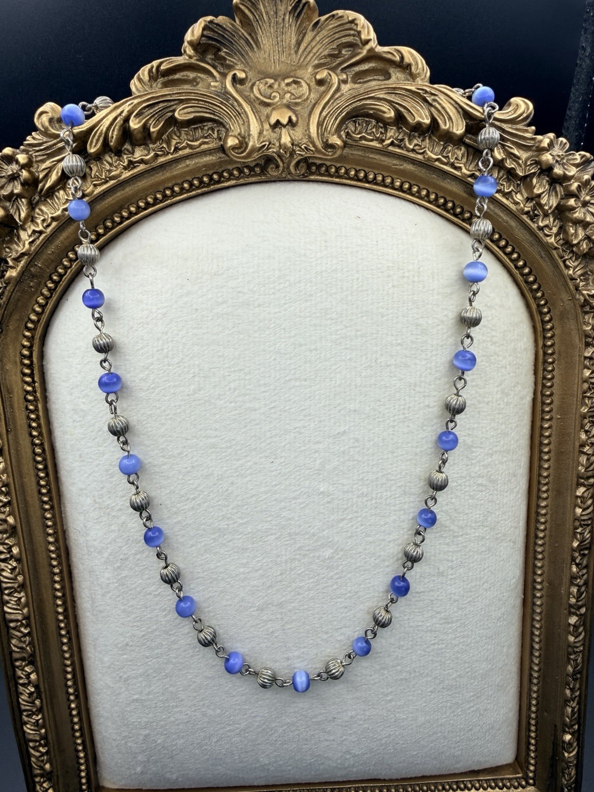 890. Silver Tone Glass Bead Necklace Silver Tone Spacers