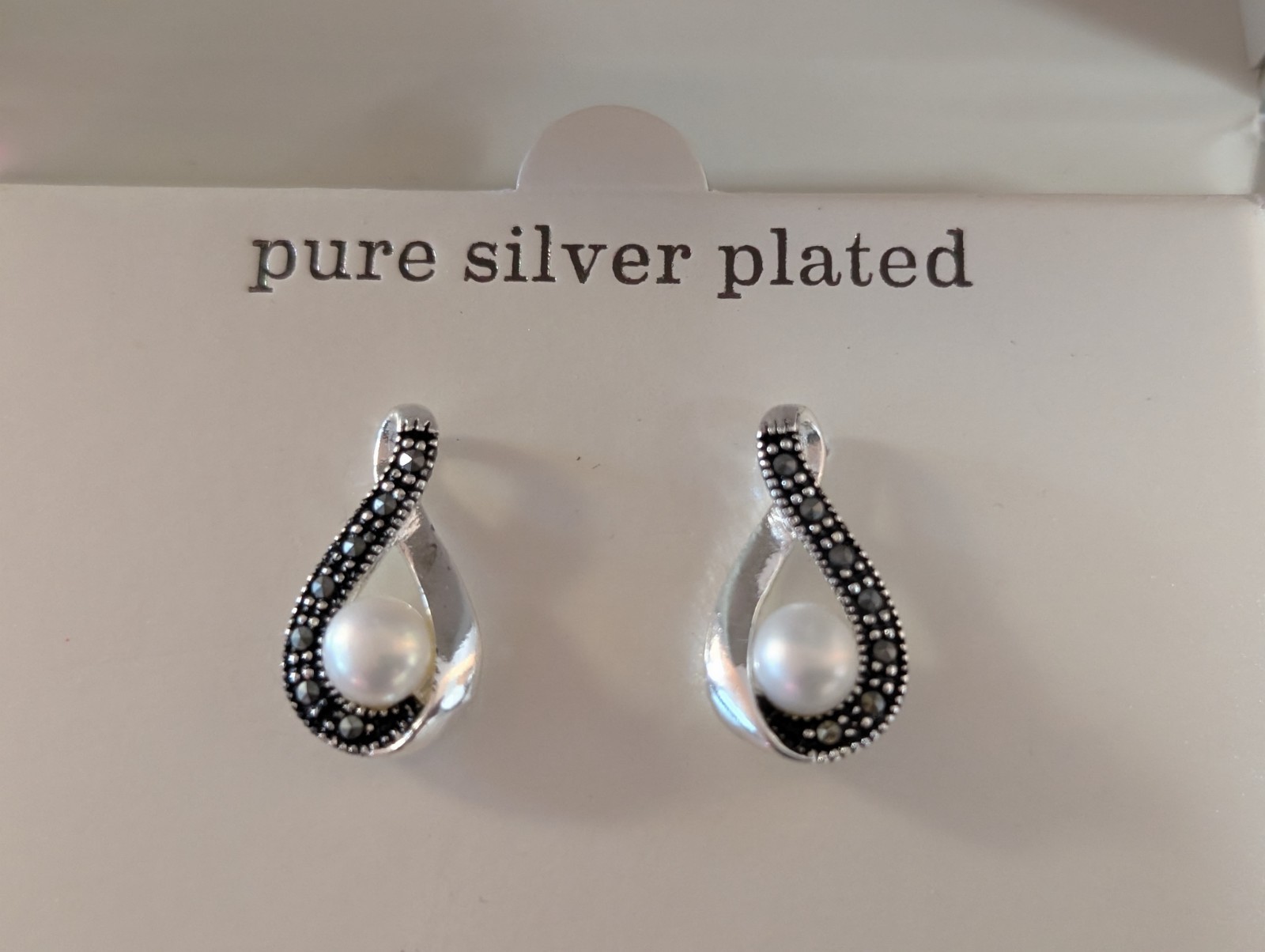 Sparkle Allure Silver Plated Faux Pearl with Swarovski Marcasite Drop Earrings