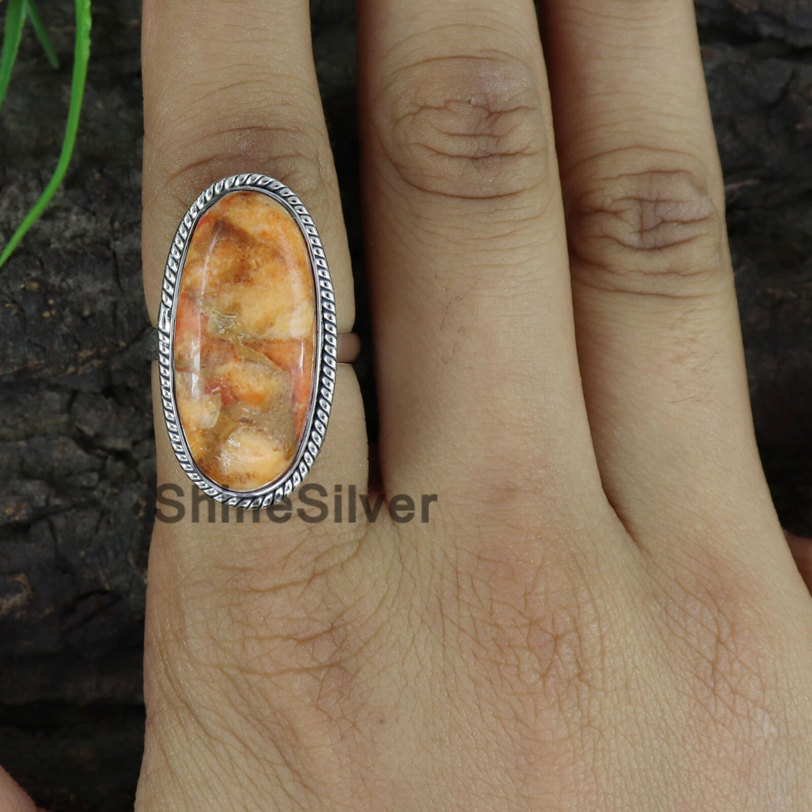 Orange Copper Turquoise Solid 925 Sterling Silver women For Ring Size 7 US JN39